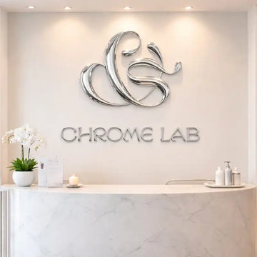 Custom Chrome Mirror 3D Logo Sign for Beauty Salons, Labs, Reception Walls and Commercial Interiors