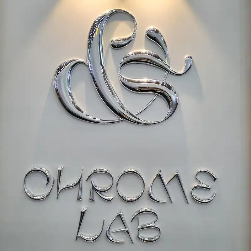 Custom Chrome Mirror 3D Logo Sign for Beauty Salons, Labs, Reception Walls and Commercial Interiors