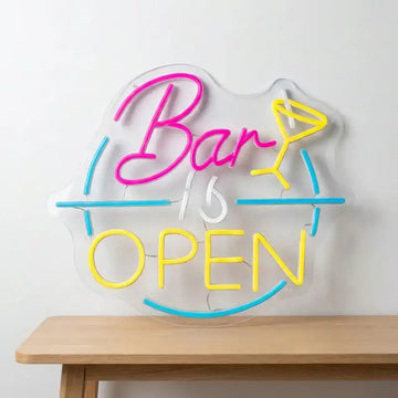 Custom Bar Is Open LED Neon Sign with Cocktail Glass Design, Clear Acrylic Backing for Bars, Pubs and Cocktail Lounges