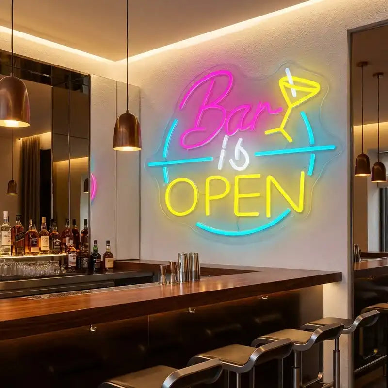 Custom Bar Is Open LED Neon Sign with Cocktail Glass Design, Clear Acrylic Backing for Bars, Pubs and Cocktail Lounges