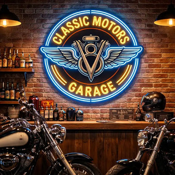 Wholesale Custom Classic Motors Garage LED Neon Sign with UV Printed Acrylic Backing for Motorcycle Garages, Auto Shops, Bars and Man Cave Wall Decor