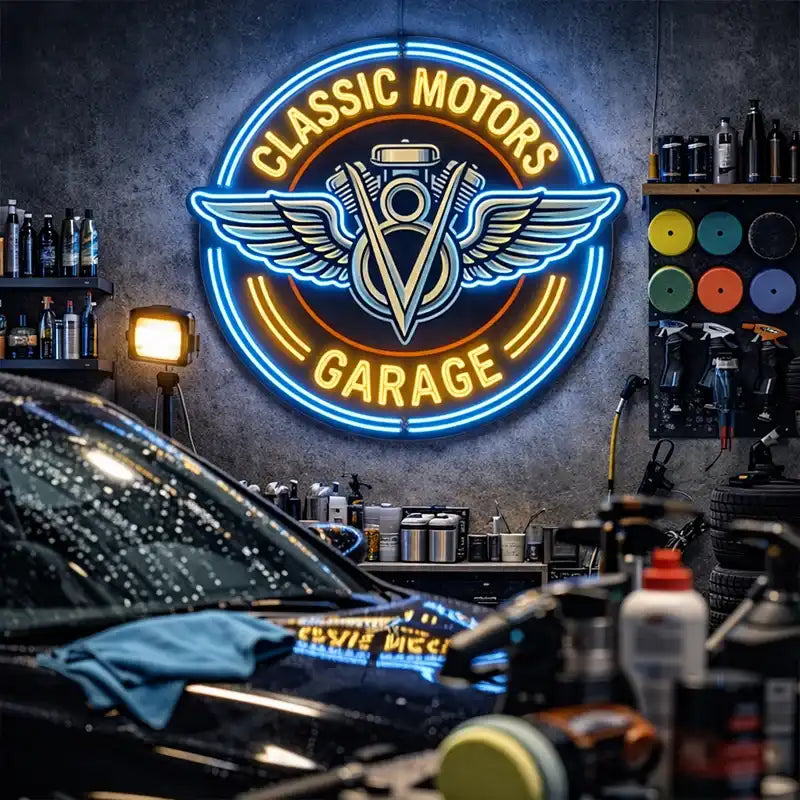 Wholesale Custom Classic Motors Garage LED Neon Sign with UV Printed Acrylic Backing for Motorcycle Garages, Auto Shops, Bars and Man Cave Wall Decor