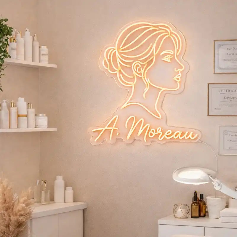 Wholesale Custom Beauty Salon LED Neon Sign with Female Portrait Acrylic Backing for Hair Salons, Makeup Studios, Spas, Lash Studios and Boutique Wall Decor
