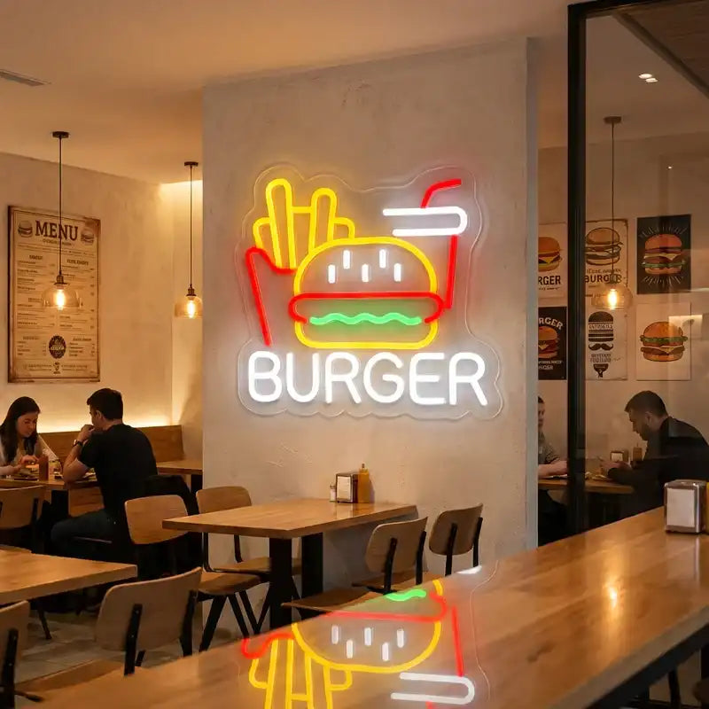 Custom Burger LED Neon Sign with Clear Acrylic Backing for Fast Food Shops, Restaurants and Burger Bars