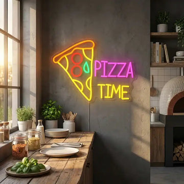 Custom Pizza Time LED Neon Sign with Clear Acrylic Backing for Pizza Shops, Restaurants and Bars