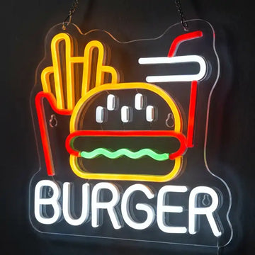 Custom Burger LED Neon Sign with Clear Acrylic Backing for Fast Food Shops, Restaurants and Burger Bars