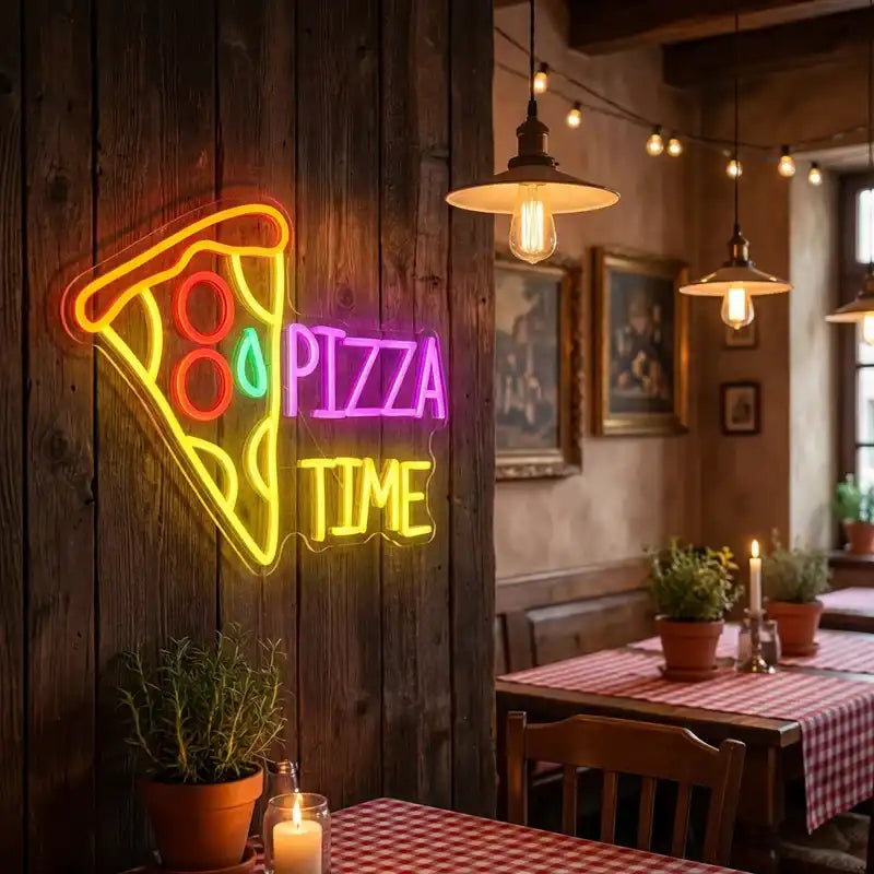 Custom Pizza Time LED Neon Sign with Clear Acrylic Backing for Pizza Shops, Restaurants and Bars