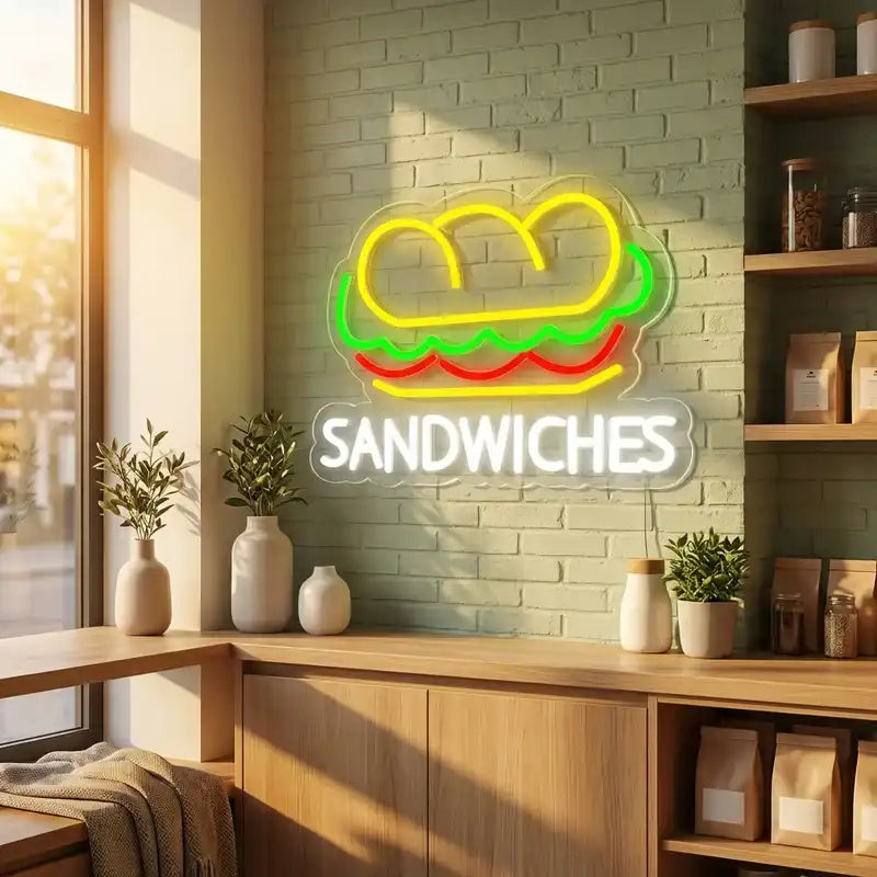 Custom Sandwiches LED Neon Sign with Clear Acrylic Backing for Cafes, Delis and Food Shops
