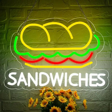 Custom Sandwiches LED Neon Sign with Clear Acrylic Backing for Cafes, Delis and Food Shops