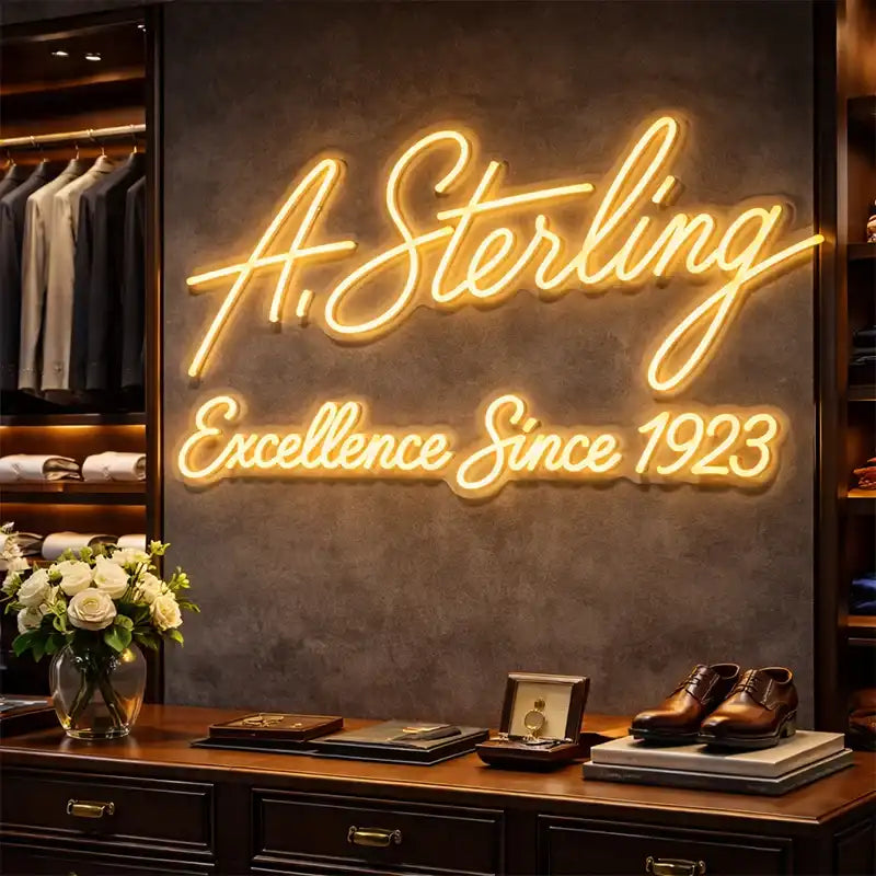 Custom Luxury Boutique Neon Sign – A Sterling Excellence Since 1923 LED Wall Sign, Corporate Storefront Branding Lighted Sign, Retail Hotel Interior Decorative Neon Sign