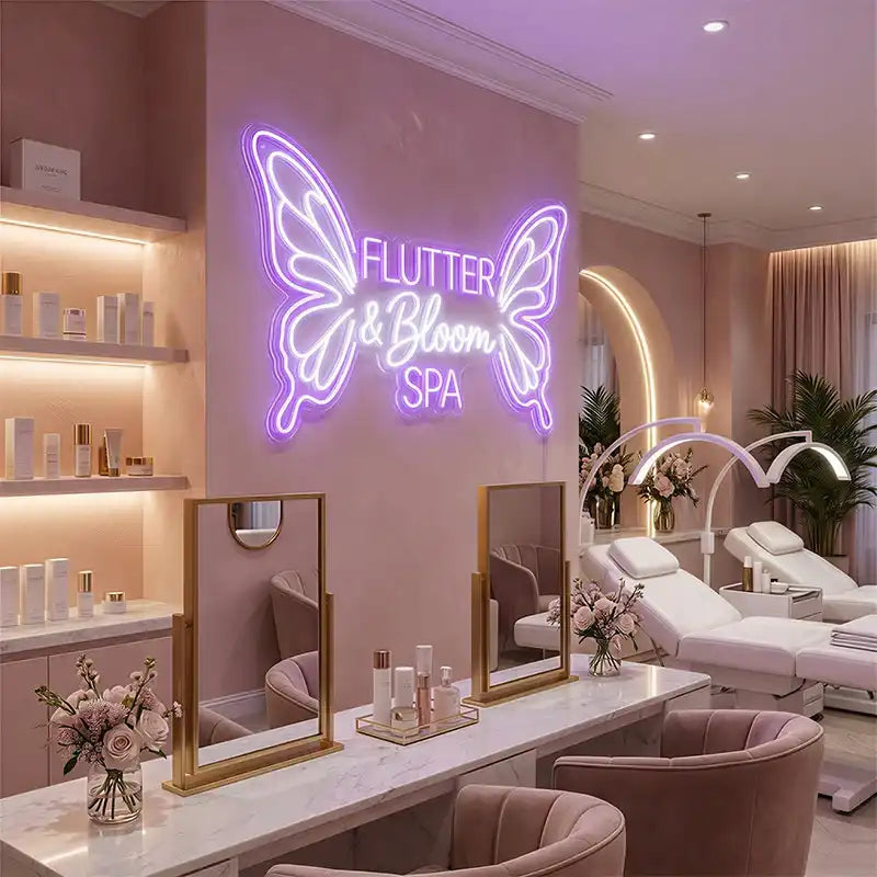 Wholesale Custom Butterfly Spa LED Neon Sign UV Printed Acrylic Backlit Beauty Salon Wall Sign for Spa, Lash Studio, Nail Salon, Wellness Center and Boutique Interior Decor