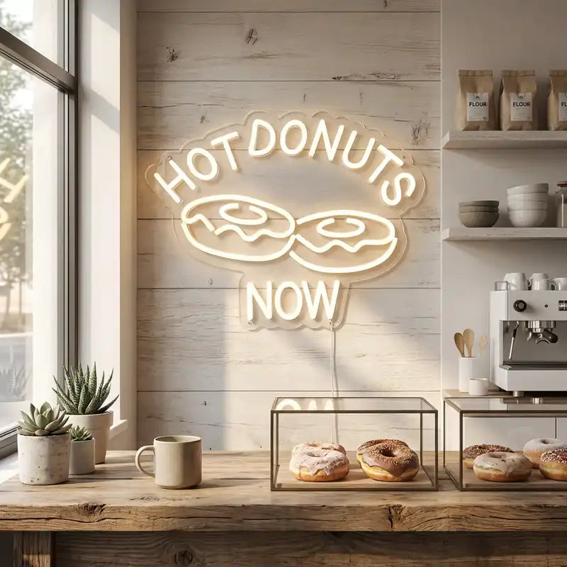Custom Hot Donuts LED Neon Sign with Clear Acrylic Backing for Donut Shops, Cafes and Bakeries