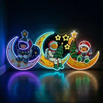 Wholesale Custom Christmas Astronaut Moon LED Neon Sign with UV Printed Acrylic Backing for Holiday Decor, Kids Rooms, Gift Shops and Seasonal Displays