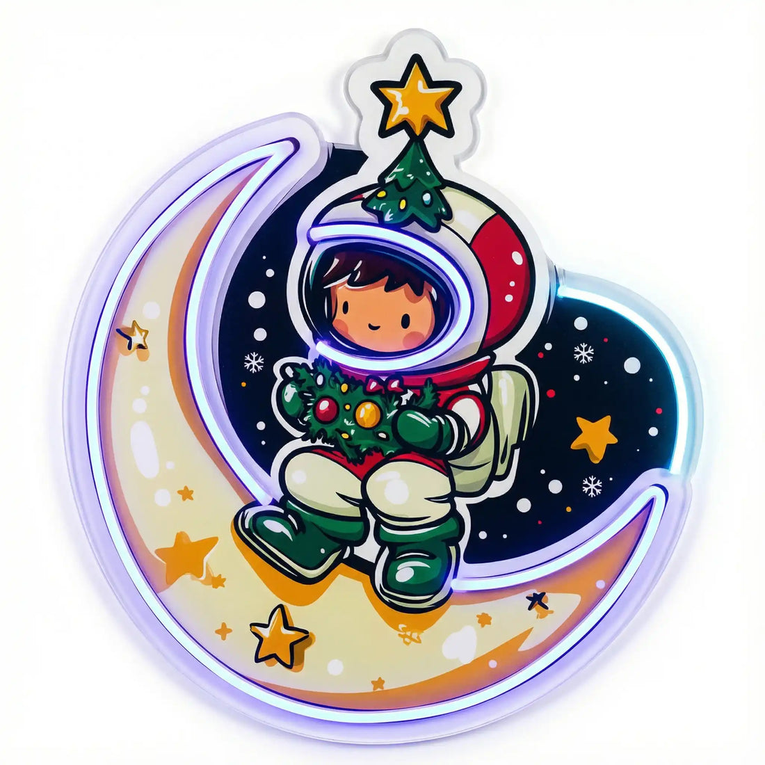 Wholesale Custom Christmas Astronaut Moon LED Neon Sign with UV Printed Acrylic Backing for Holiday Decor, Kids Rooms, Gift Shops and Seasonal Displays