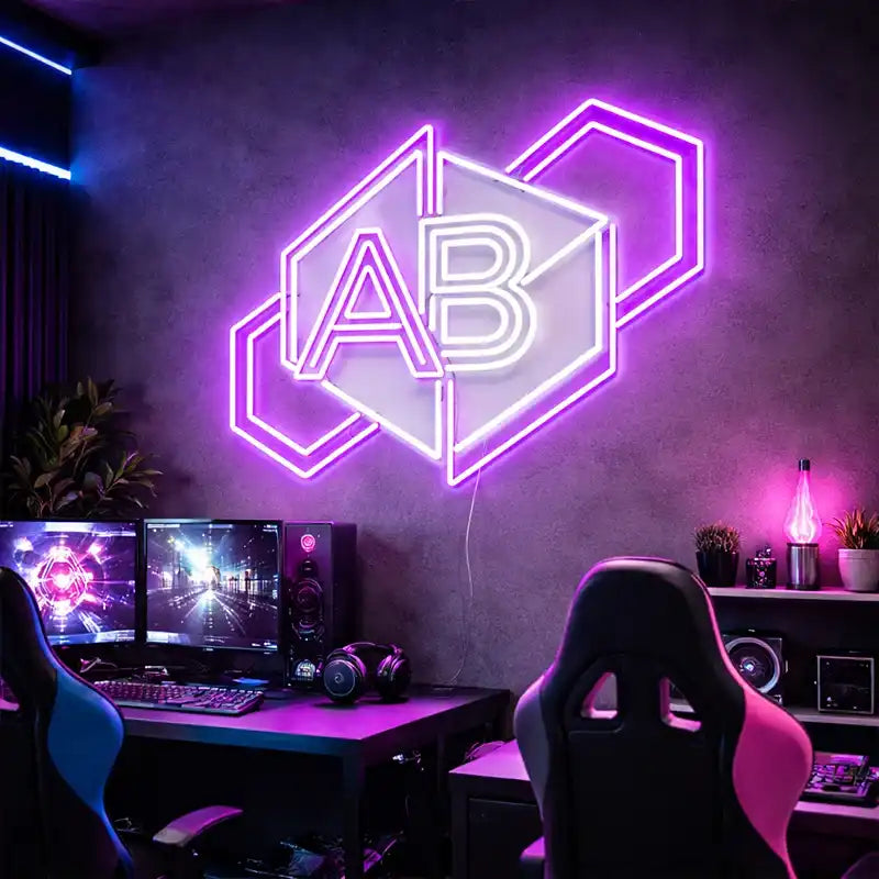 Custom Modern Geometric “AB” LED Neon Sign, Purple Acrylic Wall Light, Abstract Business Logo Neon Sign, Boutique Storefront & Interior Branding Light