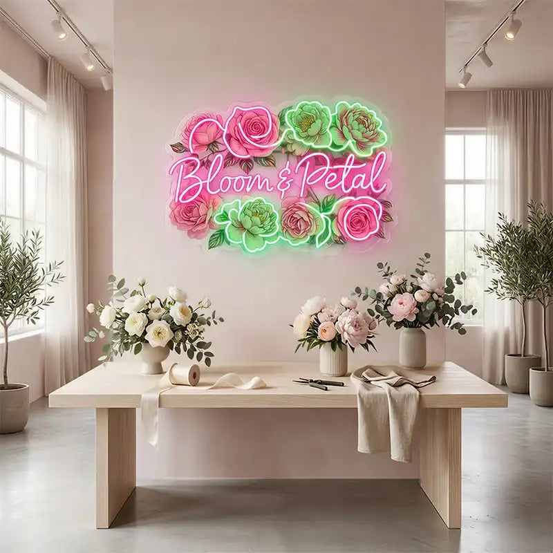 Wholesale Custom Flower Shop LED Neon Sign with UV Printed Acrylic Backing for Florists, Wedding Decor, Boutiques, Events and Floral Wall Display