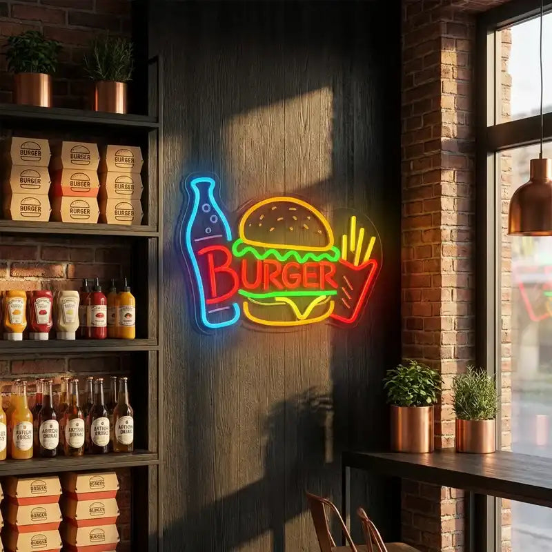 Custom Burger LED Neon Sign with Clear Acrylic Backing for Burger Shops, Restaurants and Fast Food Stores