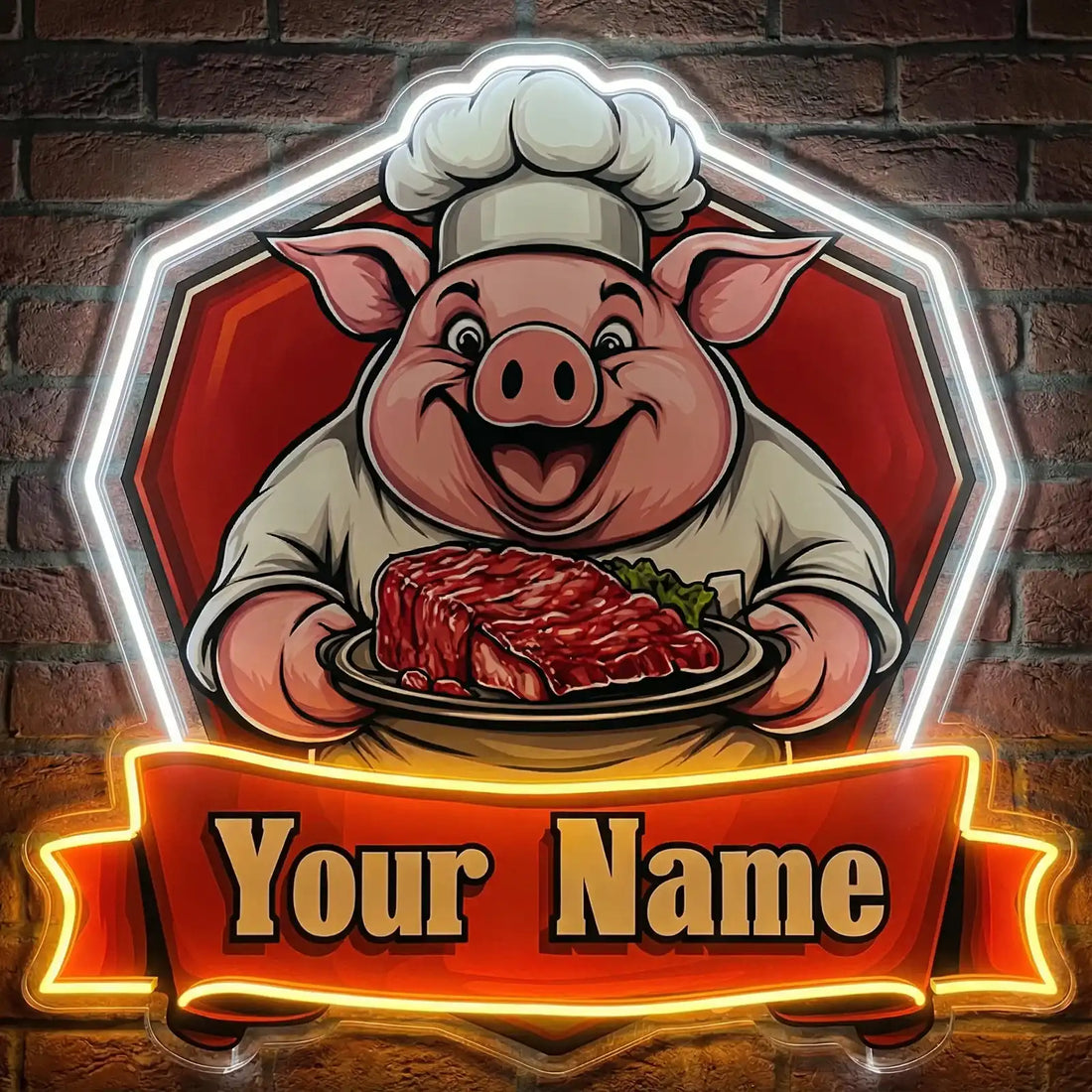 Wholesale Custom BBQ Pig Chef LED Neon Sign with UV Printed Acrylic Backing for Barbecue Restaurants, Meat Shops, Diners and Storefront Wall Decor