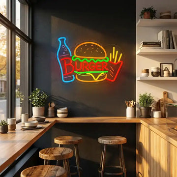 Custom Burger LED Neon Sign with Clear Acrylic Backing for Burger Shops, Restaurants and Fast Food Stores