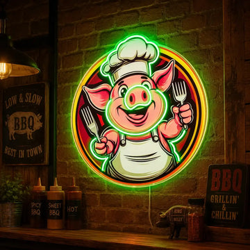 Wholesale Custom Pig Chef Restaurant LED Neon Sign with UV Printed Acrylic Backing for BBQ Restaurants, Meat Shops, Grill Houses, Diners and Storefront Wall Decor