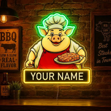Wholesale Custom Pig Chef LED Neon Sign with UV Printed Acrylic Backing for BBQ Restaurants, Meat Shops, Grill Houses, Food Trucks and Storefront Wall Decor