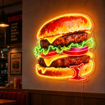 Wholesale Custom Double Cheeseburger LED Neon Sign with UV Printed Acrylic Backing for Burger Shops, Fast Food Restaurants, Diners and Storefront Wall Decor