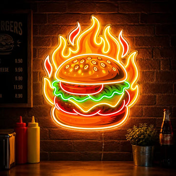 Wholesale Custom Flaming Burger LED Neon Sign with UV Printed Acrylic Backing for Burger Shops, Fast Food Restaurants, Diners and Storefront Wall Decor