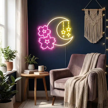 Custom Moon and Flowers LED Neon Sign with Clear Acrylic Backing for Bedrooms, Living Rooms and Home Decor