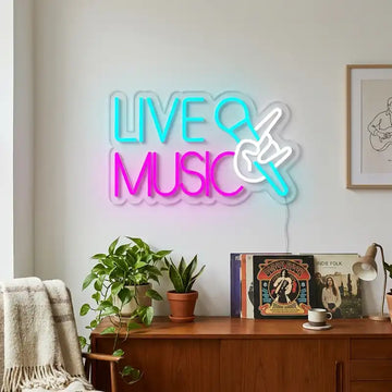 Custom LIVE MUSIC LED Neon Sign with Clear Acrylic Backing for Bar, Game Room, Studio and Entertainment Wall Decor