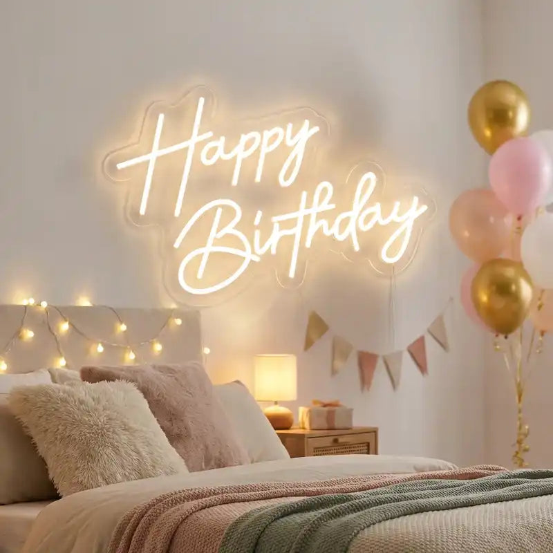 Custom Happy Birthday LED Neon Sign with Clear Acrylic Backing for Birthday Parties, Event Decor and Photo Backdrop