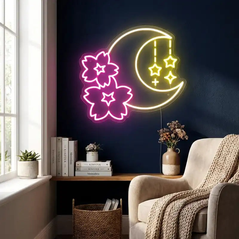 Custom Moon and Flowers LED Neon Sign with Clear Acrylic Backing for Bedrooms, Living Rooms and Home Decor