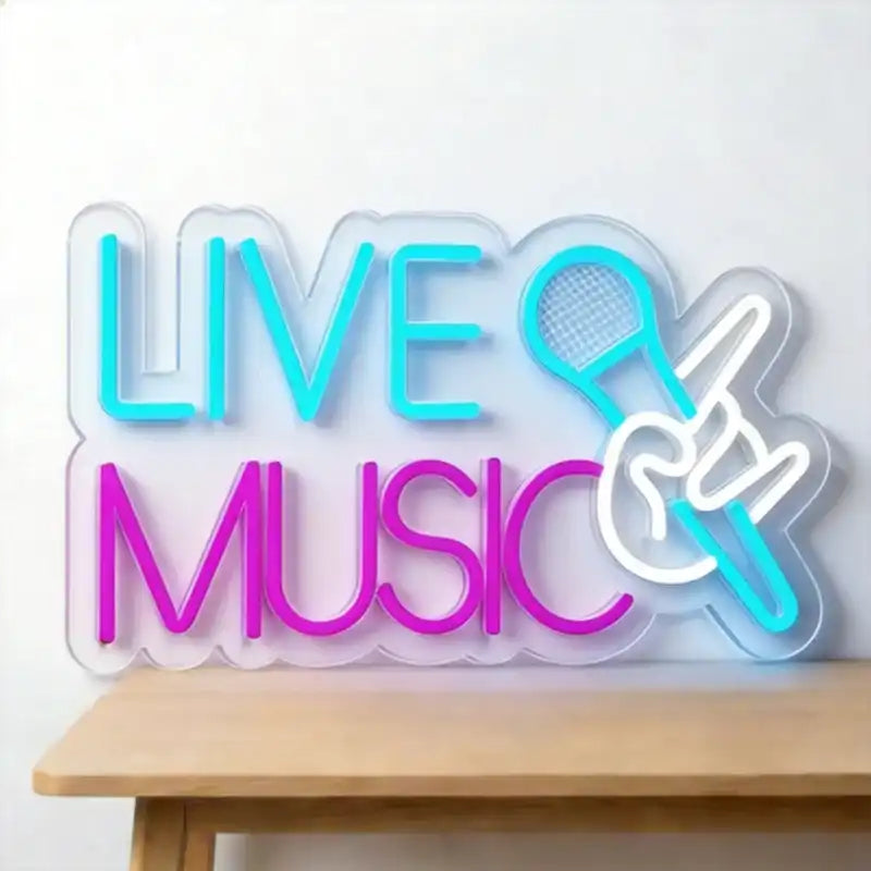 Custom LIVE MUSIC LED Neon Sign with Clear Acrylic Backing for Bar, Game Room, Studio and Entertainment Wall Decor