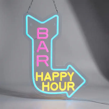 Custom Bar Happy Hour Arrow LED Neon Sign with Clear Acrylic Backing for Bars, Pubs, Restaurants and Directional Wall Decor