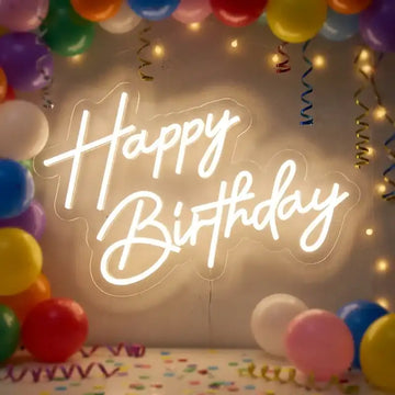 Custom Happy Birthday LED Neon Sign with Clear Acrylic Backing for Birthday Parties, Event Decor and Photo Backdrop