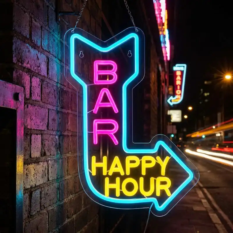 Custom Bar Happy Hour Arrow LED Neon Sign with Clear Acrylic Backing for Bars, Pubs, Restaurants and Directional Wall Decor