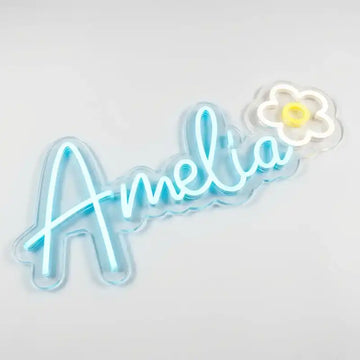 Custom Amelia Name LED Neon Sign with Flower Design and Clear Acrylic Backing for Kids Rooms, Bedrooms and Nurseries