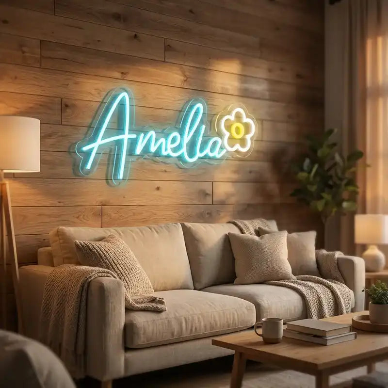 Custom Amelia Name LED Neon Sign with Flower Design and Clear Acrylic Backing for Kids Rooms, Bedrooms and Nurseries