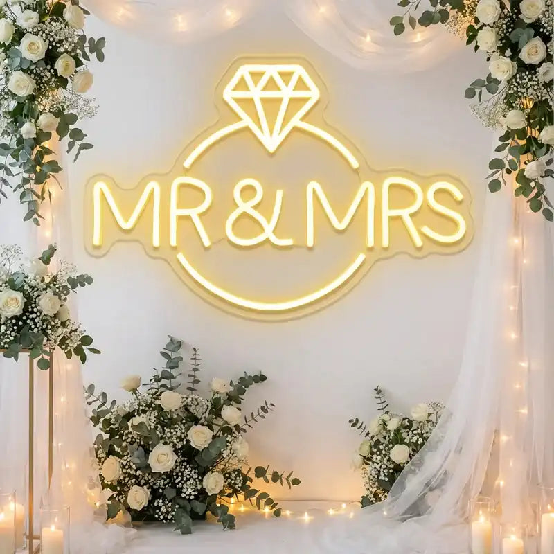 Custom Mr and Mrs Wedding Ring LED Neon Sign with Clear Acrylic Backing for Wedding Backdrops, Engagement Parties and Reception Decor