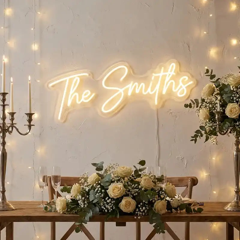 Custom Wedding Last Name LED Neon Sign with Clear Acrylic Backing for Wedding Backdrops, Reception Decor and Sweetheart Tables