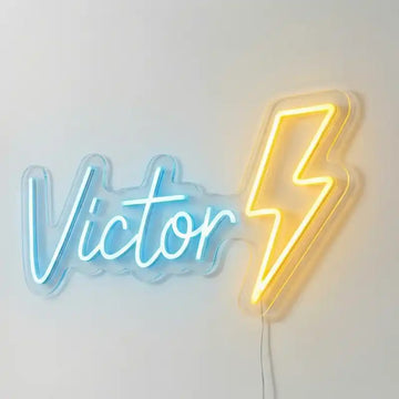 Custom Victor Name LED Neon Sign with Lightning Bolt and Clear Acrylic Backing for Bedrooms, Kids Rooms and Game Rooms