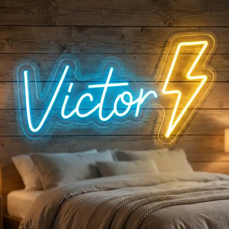 Custom Victor Name LED Neon Sign with Lightning Bolt and Clear Acrylic Backing for Bedrooms, Kids Rooms and Game Rooms