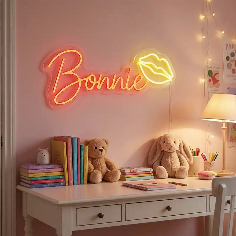 Custom Name Neon Sign “Bonnie” with Lips LED Neon Light, Personalized Acrylic Neon Name Sign, LED Wall Decor for Bedroom, Girls Room Gift, Wholesale Neon Sign Manufacturer