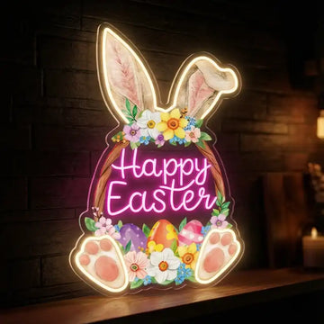 Custom Happy Easter Bunny LED Neon Sign with Clear Acrylic Backing for Easter Decor, Holiday Parties and Retail Displays