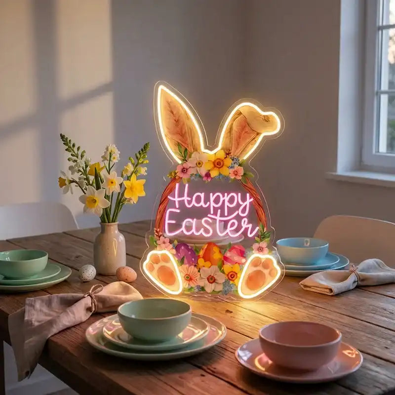 Custom Happy Easter Bunny LED Neon Sign with Clear Acrylic Backing for Easter Decor, Holiday Parties and Retail Displays