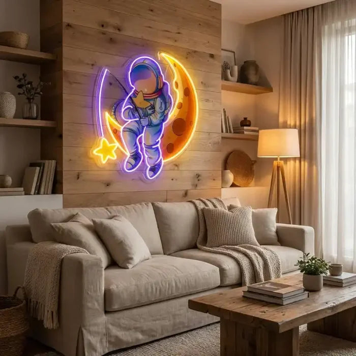 Astronaut Moon LED Neon Sign for Kids Room Wall Decor | Acrylic Space Light for Bedroom & Nursery
