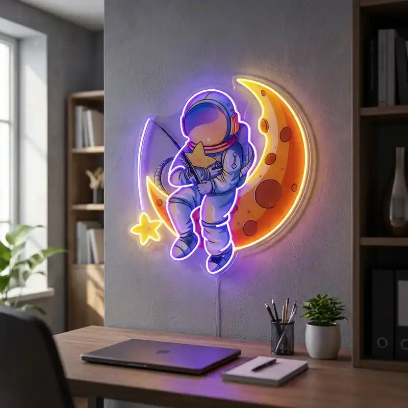 Custom Astronaut Moon LED Neon Sign with Clear Acrylic Backing for Kids Rooms, Bedrooms, Nurseries and Playrooms