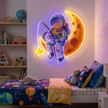 Custom Astronaut Moon LED Neon Sign with Clear Acrylic Backing for Kids Rooms, Bedrooms, Nurseries and Playrooms