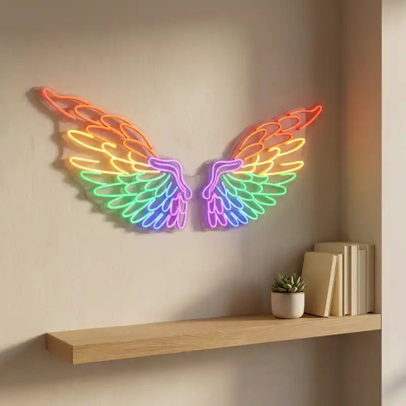Custom Rainbow Angel Wings LED Neon Sign with Clear Acrylic Backing for Bedrooms, Kids Rooms, Photo Walls and Event Decor