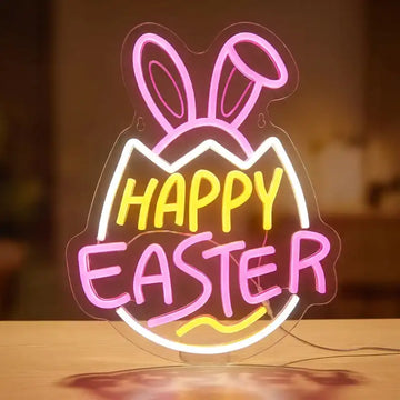 Custom Happy Easter Egg Bunny LED Neon Sign with Clear Acrylic Backing for Easter Decor, Holiday Parties and Retail Displays