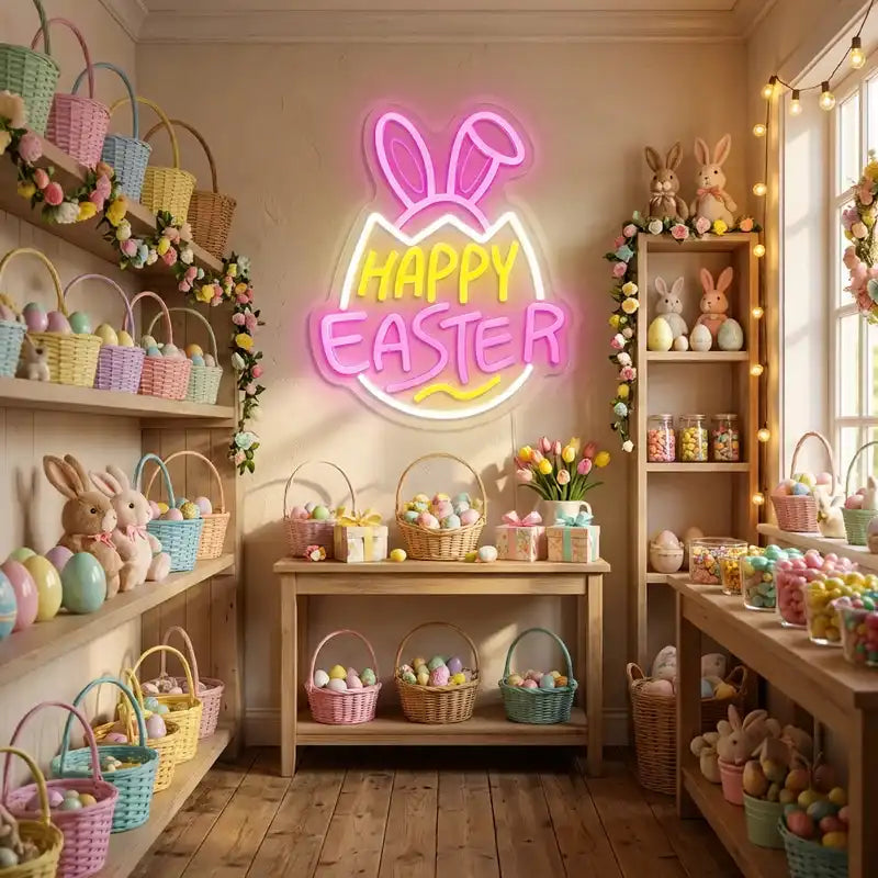 Custom Happy Easter Egg Bunny LED Neon Sign with Clear Acrylic Backing for Easter Decor, Holiday Parties and Retail Displays